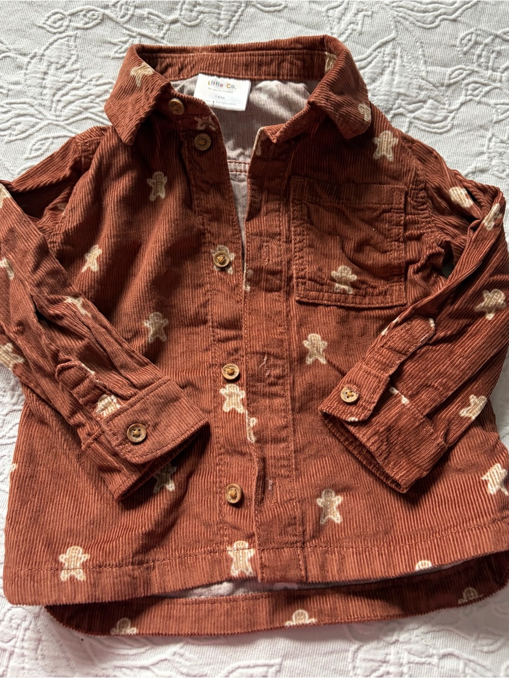 Little co Christmas 18m Kids' Brown Corduroy Button-Up Shirt Gingerbread Print